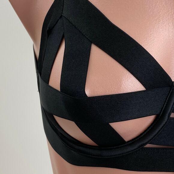 Victoria's Secret Luxe Banded Caged Strappy Unlined Black Balconet Bra Size 34DD - Picture 2 of 12